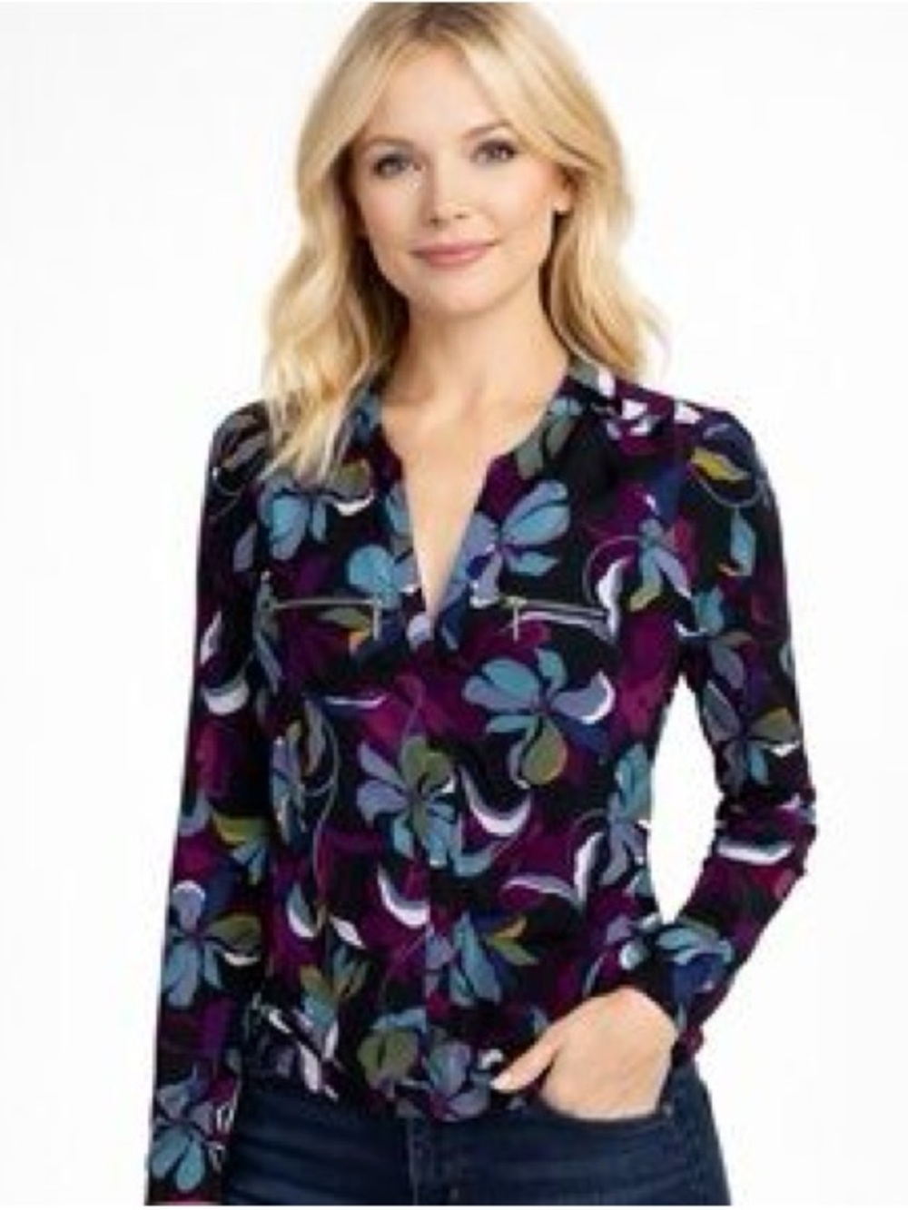 INC International Concepts Women's Purple Floral V-Neck Blouse Size Large